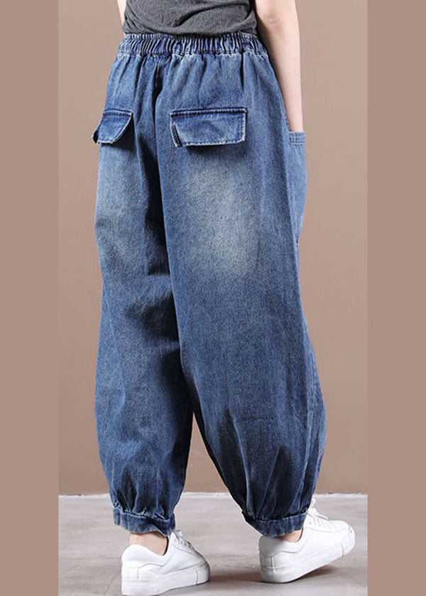 Fashion Denim Blue Elastic Waist Pockets Patchwork Cotton Harem Pants Fall