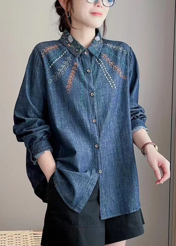 Fashion Denim Blue Peter Pan Collar Embroidered Button Shirt Long Sleeve