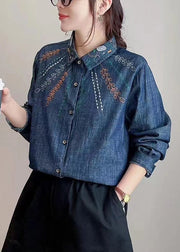 Fashion Denim Blue Peter Pan Collar Embroidered Button Shirt Long Sleeve