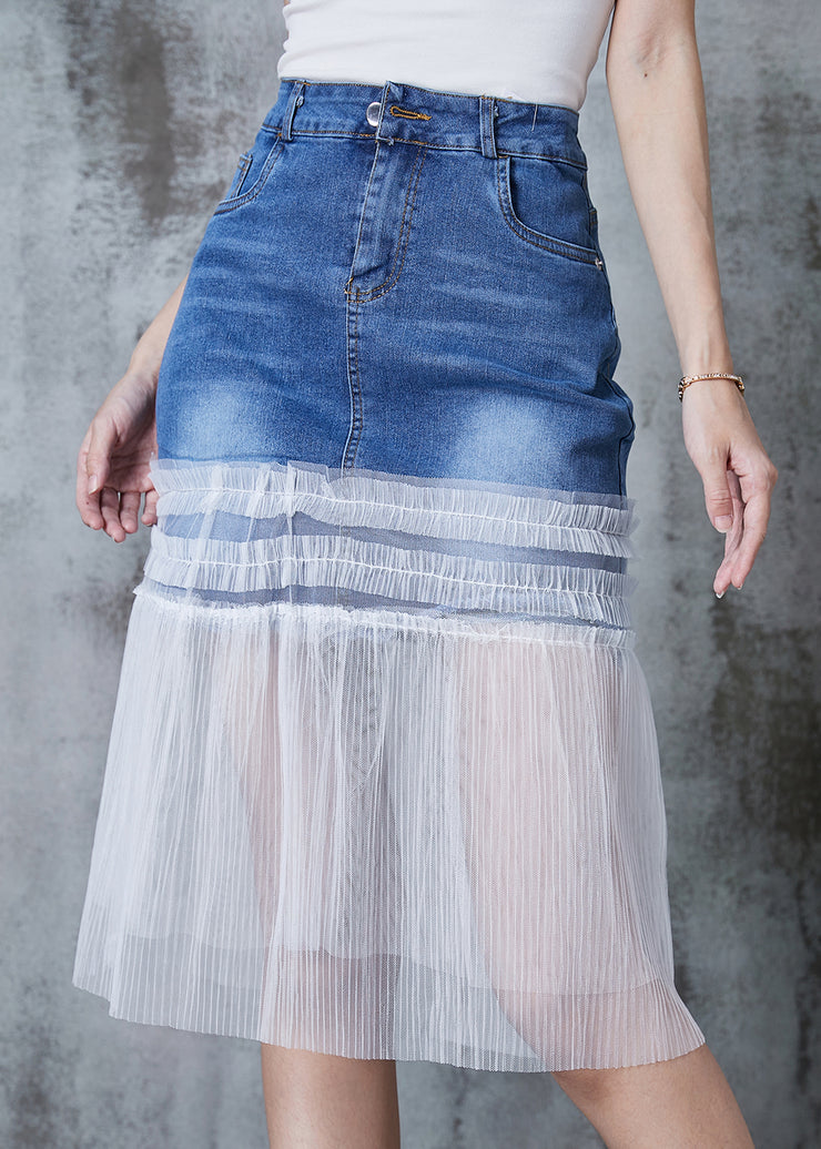 Fashion Denim Blue Ruffled Patchwork Tulle Skirt Summer