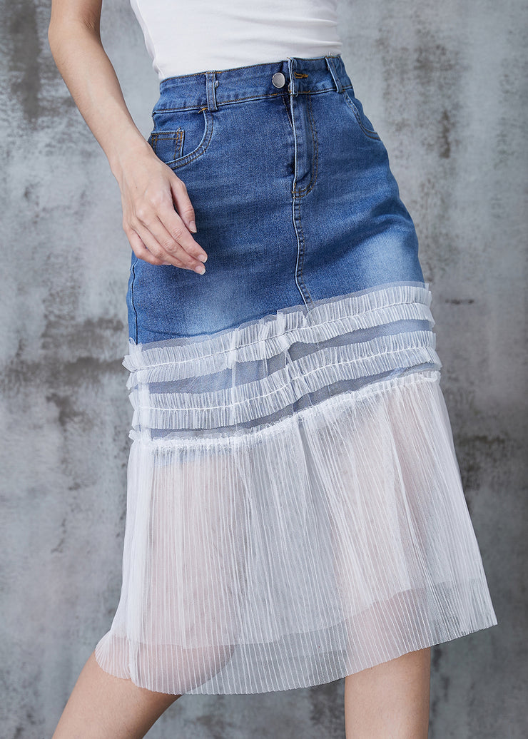 Fashion Denim Blue Ruffled Patchwork Tulle Skirt Summer