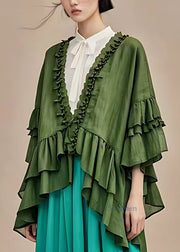 Fashion Dull Green V Neck Ruffled Patchwork Coats Long Sleeve