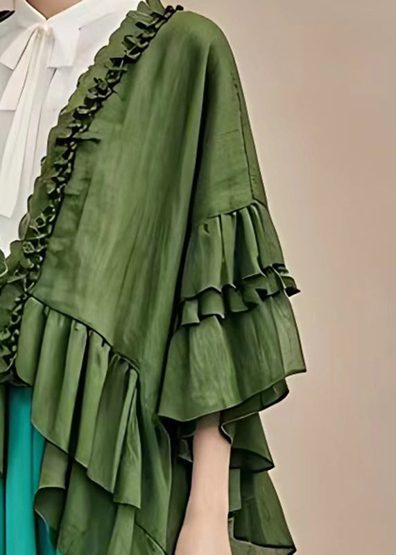 Fashion Dull Green V Neck Ruffled Patchwork Coats Long Sleeve