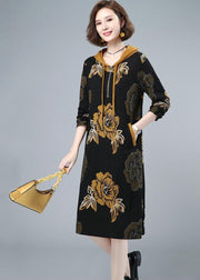 2024 Fashion Floral Cinched Velour Hooded Dress Fall