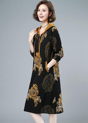 2024 Fashion Floral Cinched Velour Hooded Dress Fall