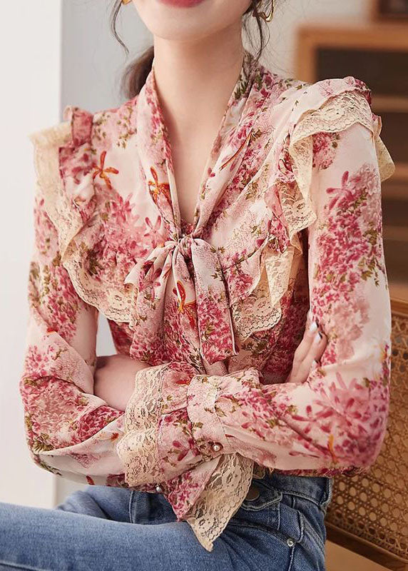 Fashion Floral Print Bow Lace Patchwork Chiffon Shirt Tops Spring