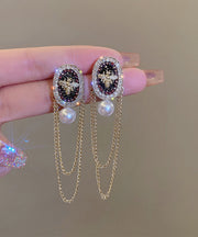 Fashion Gold Alloy Pearl Crystal Zircon Tassel Drop Earrings