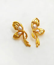 Fashion Gold Copper Overgild Pearl Bow Stud Earrings