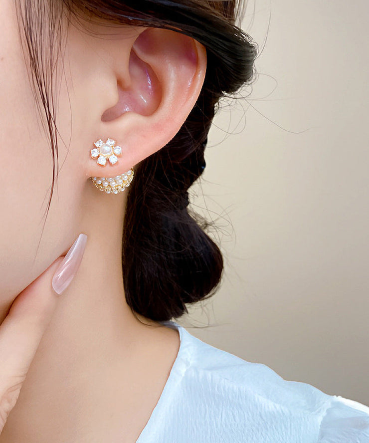 Fashion Gold Copper Overgild Zircon Pearl Ball Stud Earrings