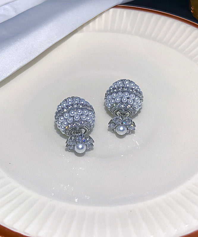 Fashion Gold Copper Overgild Zircon Pearl Ball Stud Earrings