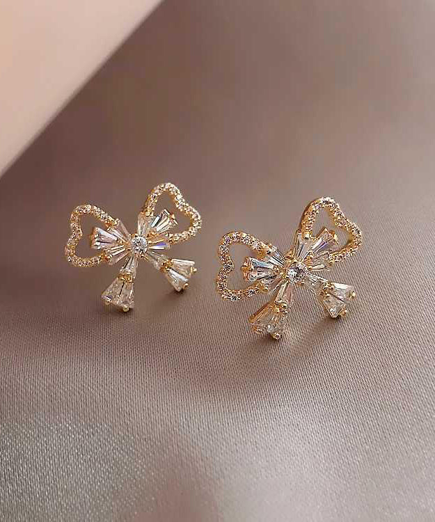 Fashion Gold Sterling Silver Alloy Zircon Bow Stud Earrings