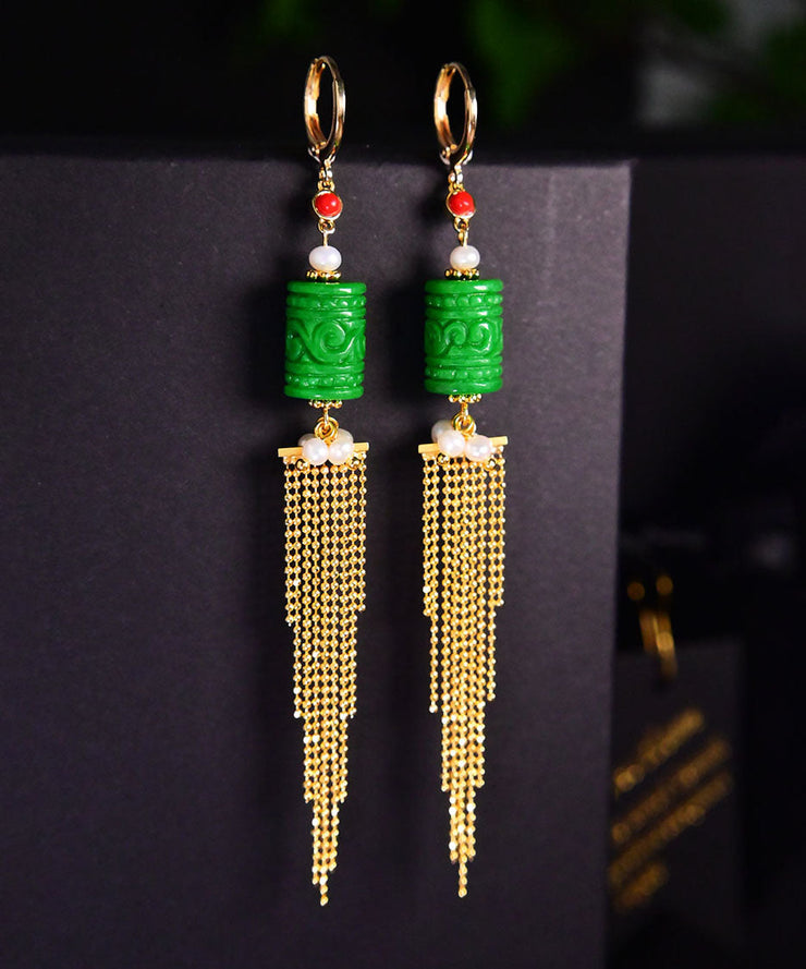 Fashion Green 14K Gold Jade Pearl Dry Green Tassel Drop Earrings