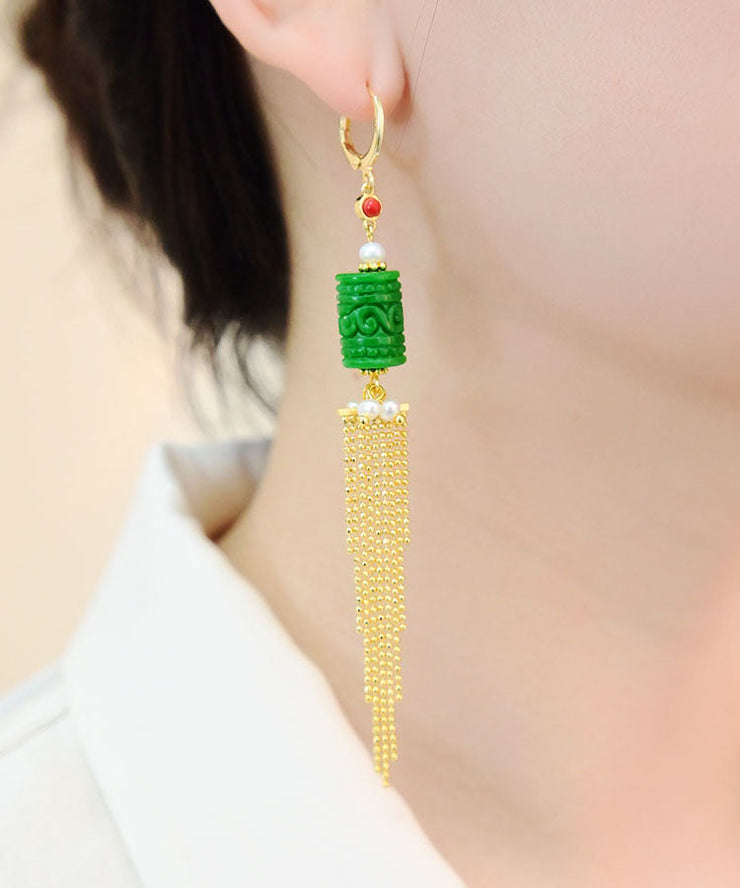 Fashion Green 14K Gold Jade Pearl Dry Green Tassel Drop Earrings