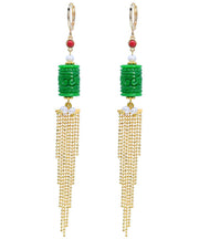 Fashion Green 14K Gold Jade Pearl Dry Green Tassel Drop Earrings