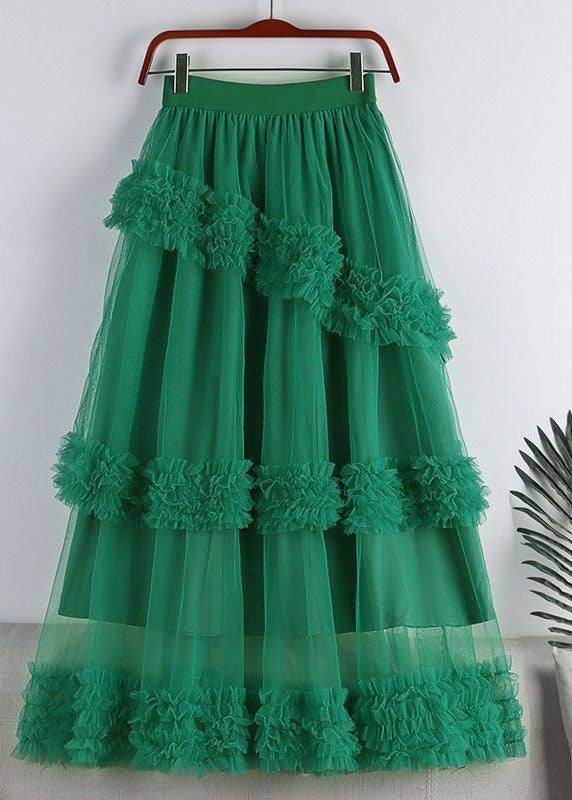 Fashion Green High Waist Ruffled Tulle A Line Skirt Spring