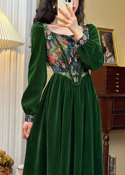 Fashion Green Jacquard Ruffled Silk Velour Long Dresses Spring