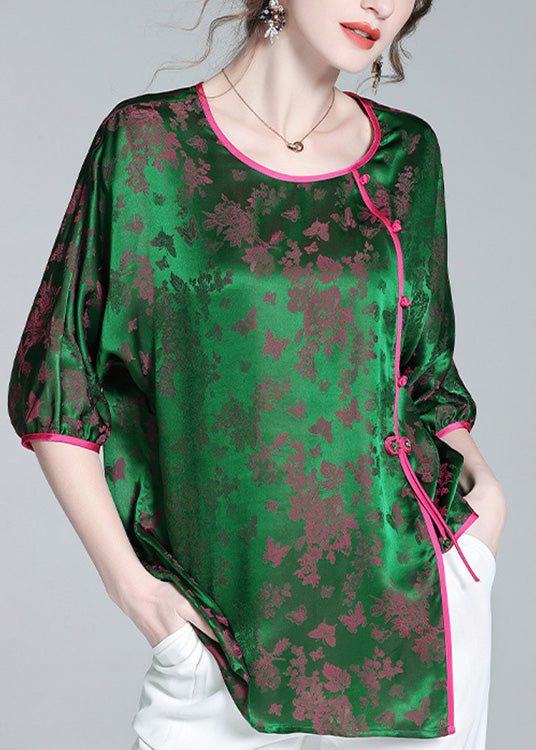 Fashion Green O-Neck Asymmetrical Button Silk Top Summer