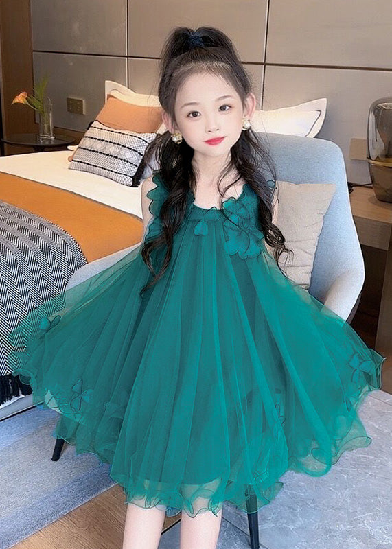 Fashion Green O-Neck Floral Layered Tulle Kids Long Dress Sleeveless