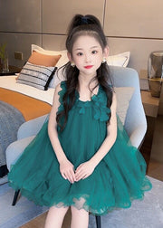 Fashion Green O-Neck Floral Layered Tulle Kids Long Dress Sleeveless