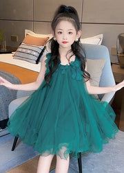 Fashion Green O-Neck Floral Layered Tulle Kids Long Dress Sleeveless