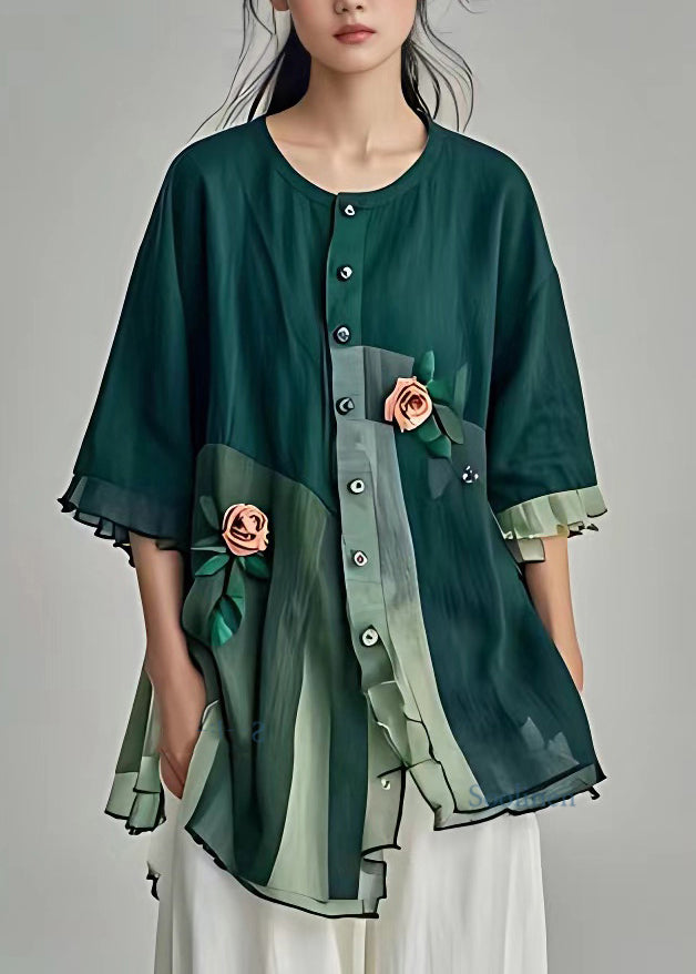 Fashion Green O-Neck Patchwork Floral Shirt Fall