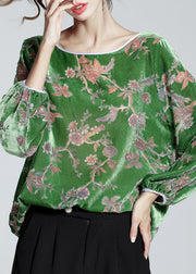 Fashion Green O-Neck Print Velour Top Spring