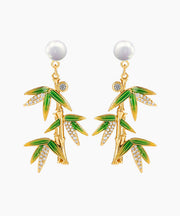 Fashion Green Overgild Zircon Pearl Bamboo Drop Earrings