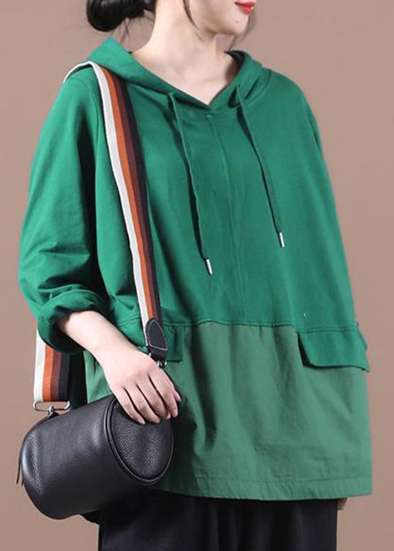 Fashion Green Patchwork Drawstring Hooded Sweatshirts Long Sleeve