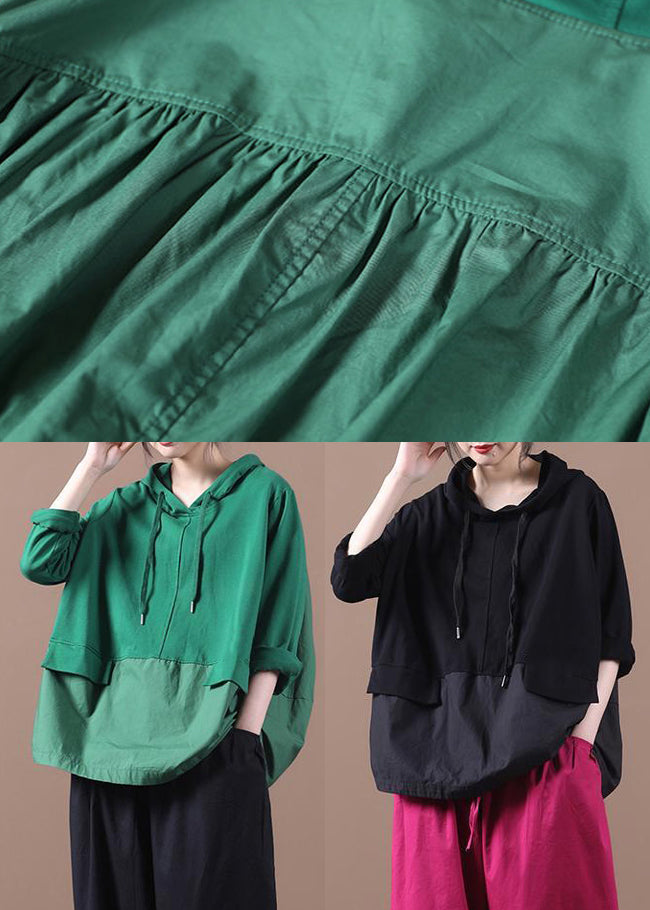 Fashion Green Patchwork Drawstring Hooded Sweatshirts Long Sleeve