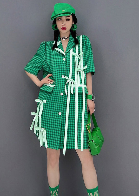 Fashion Green Peter Pan Bow Collar Plaid Button Shirt Short Sleeve