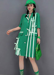 Fashion Green Peter Pan Bow Collar Plaid Button Shirt Short Sleeve