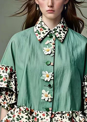 Fashion Green Peter Pan Collar Print Cotton Blouses Half Sleeve