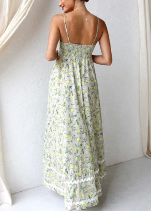 Fashion Green Print Patchwork Cotton Spaghetti Strap Dress Summer