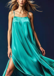 Fashion Green Side Open Draping Silk Spaghetti Strap Dress Dresses Summer