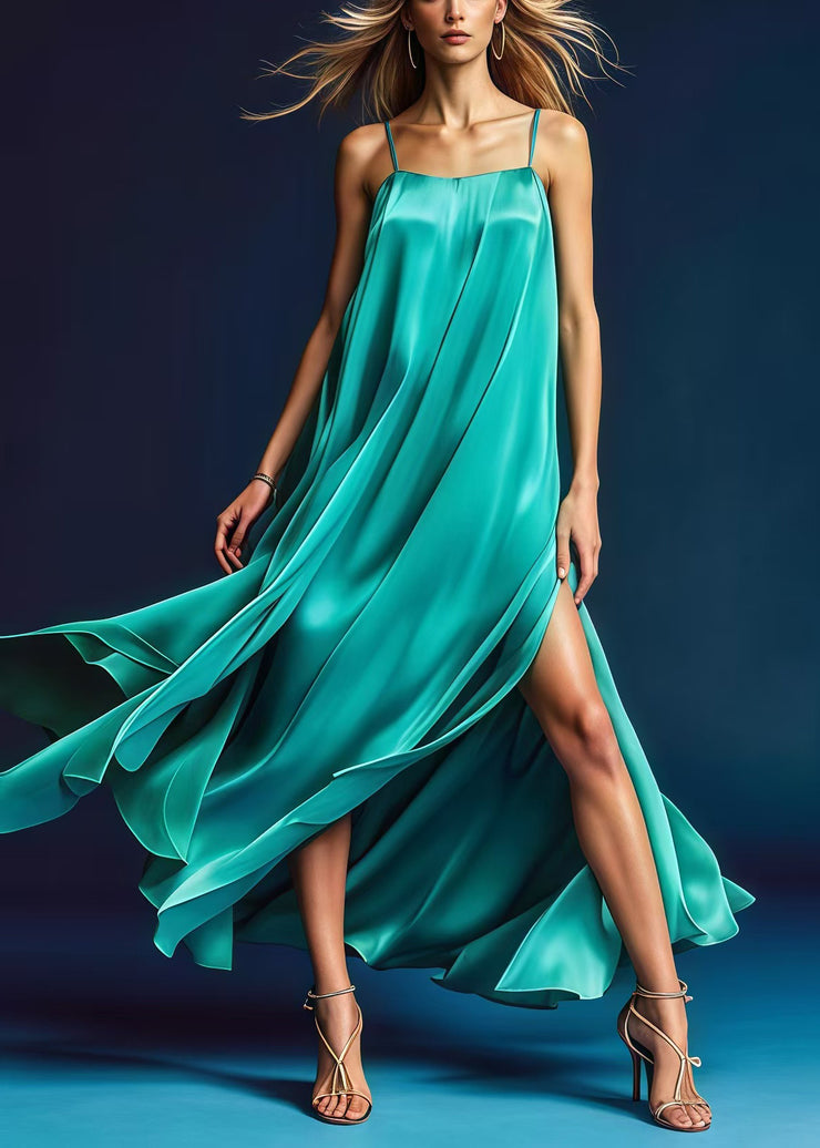 Fashion Green Side Open Draping Silk Spaghetti Strap Dress Dresses Summer