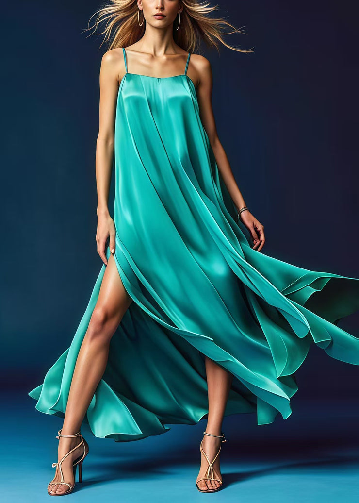 Fashion Green Side Open Draping Silk Spaghetti Strap Dress Dresses Summer