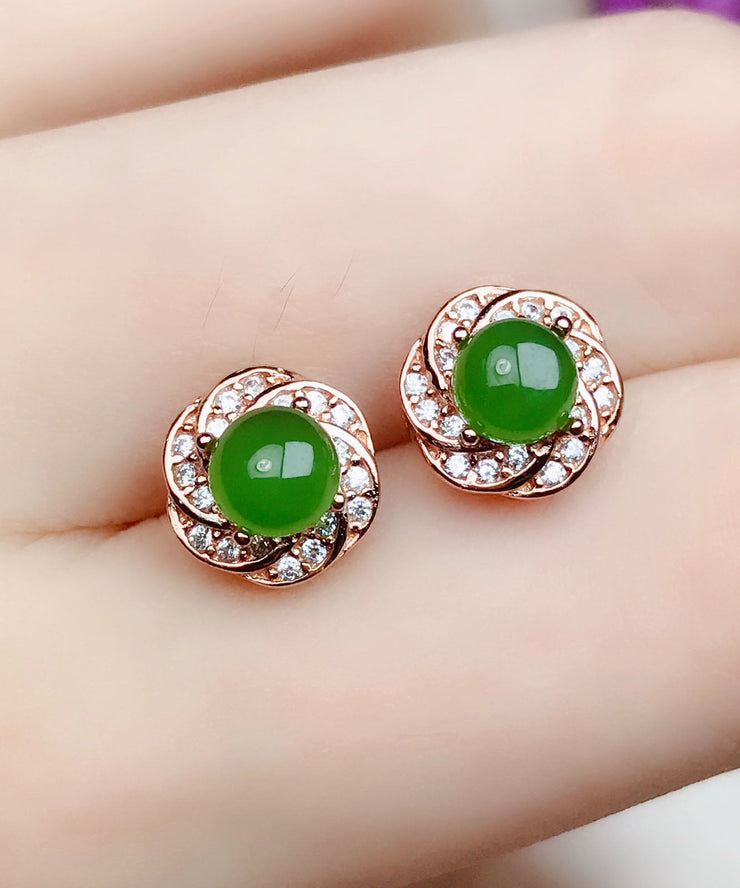 Fashion Green Silver Overgild Zircon Jade Stud Earrings