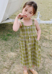 Fashion Green Square Collar Plaid Patchwork Button Girls Long Dress Sleeveless