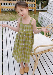 Fashion Green Square Collar Plaid Patchwork Button Girls Long Dress Sleeveless