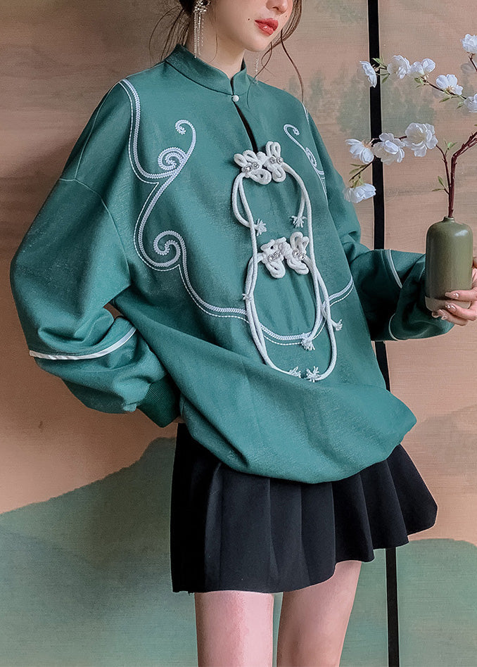 Fashion Green Stand Collar Tassel Button Sweatshirts Long Sleeve