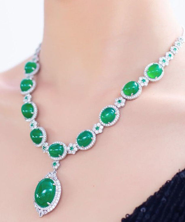 Fashion Green Sterling Silver Inlaid Zircon Chalcedony Pendant Necklace