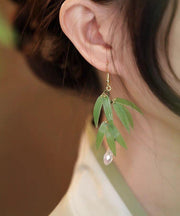 Fashion Green Sterling Silver Overgild Pearl Bamboo Leaf Drop Earrings