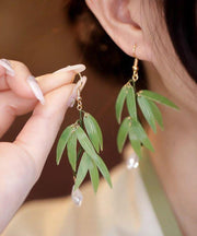 Fashion Green Sterling Silver Overgild Pearl Bamboo Leaf Drop Earrings