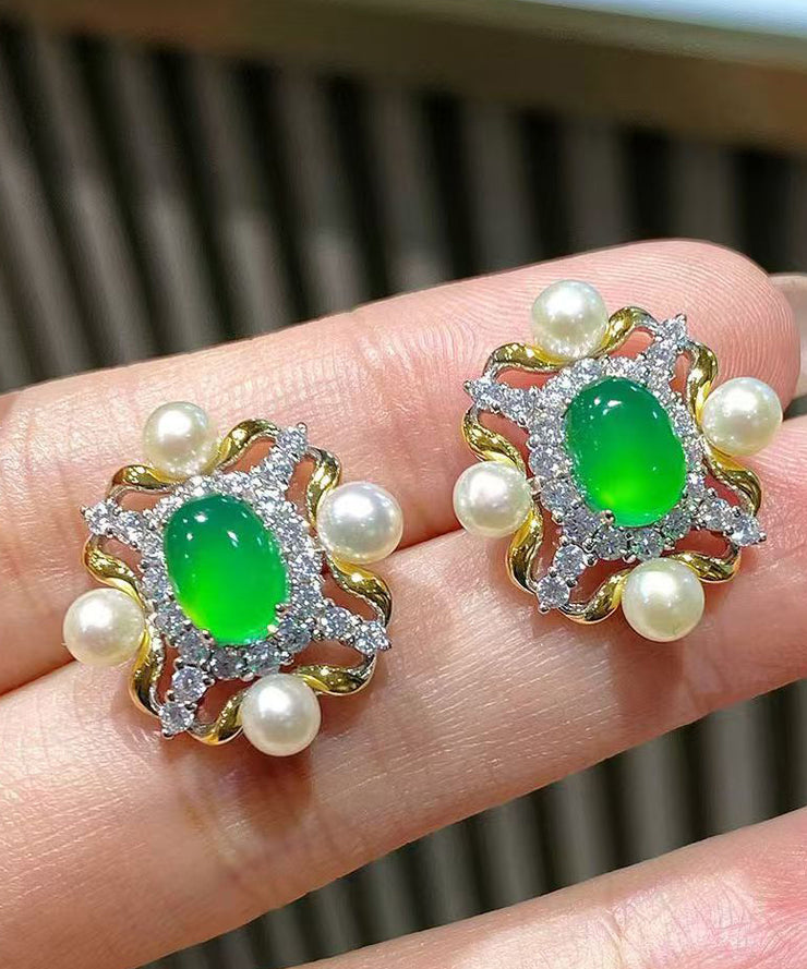 Fashion Green Sterling Silver Overgild Zircon Jade Pearl Stud Earrings