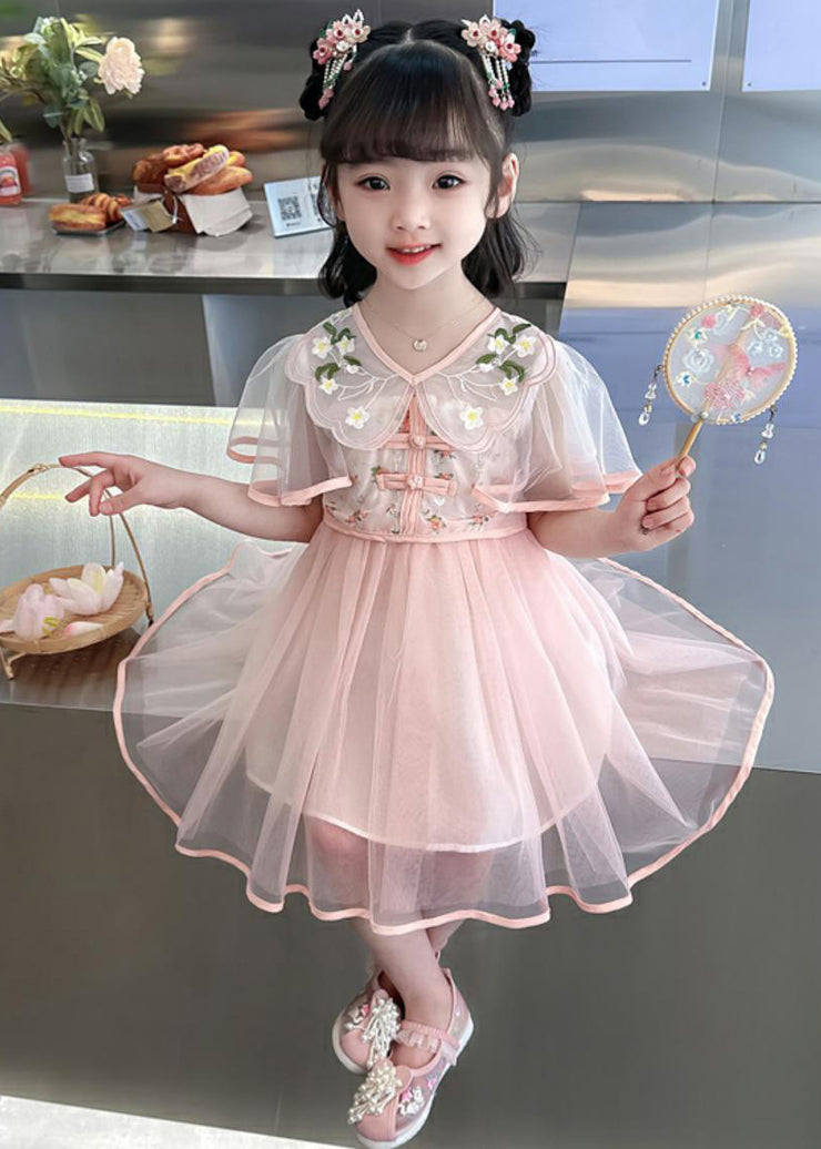 Fashion Green V Neck Embroideried Patchwork Tulle Girls Long Dresses Summer