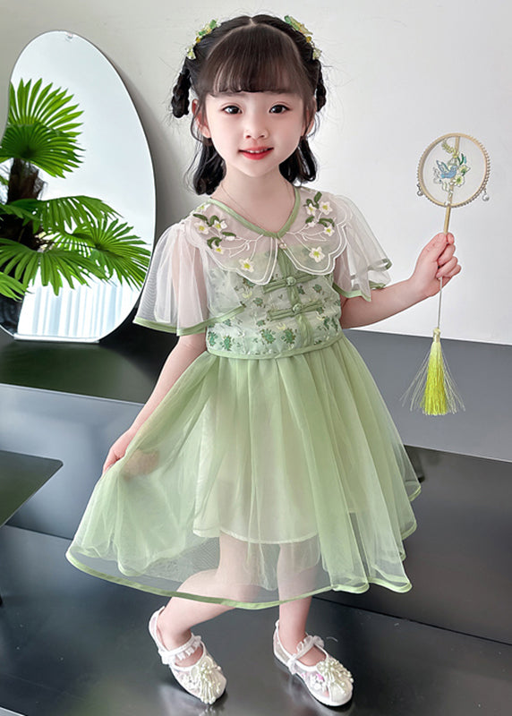 Fashion Green V Neck Embroideried Patchwork Tulle Girls Long Dresses Summer