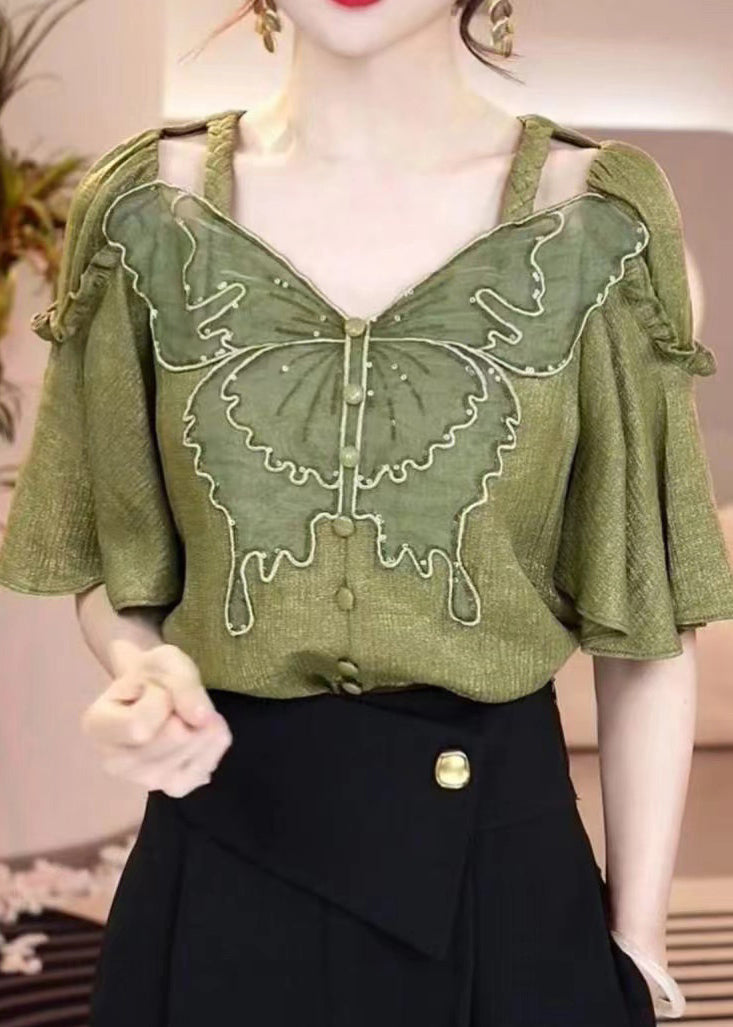 Fashion Green V Neck Ruffled Patchwork Hollow Out Shirt Summer