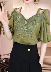 Fashion Green V Neck Ruffled Patchwork Hollow Out Shirt Summer