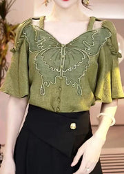 Fashion Green V Neck Ruffled Patchwork Hollow Out Shirt Summer