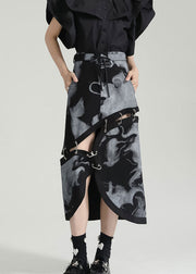 Fashion Grey Asymmetrical Print Pockets Patchwork Cotton Skirt Fall